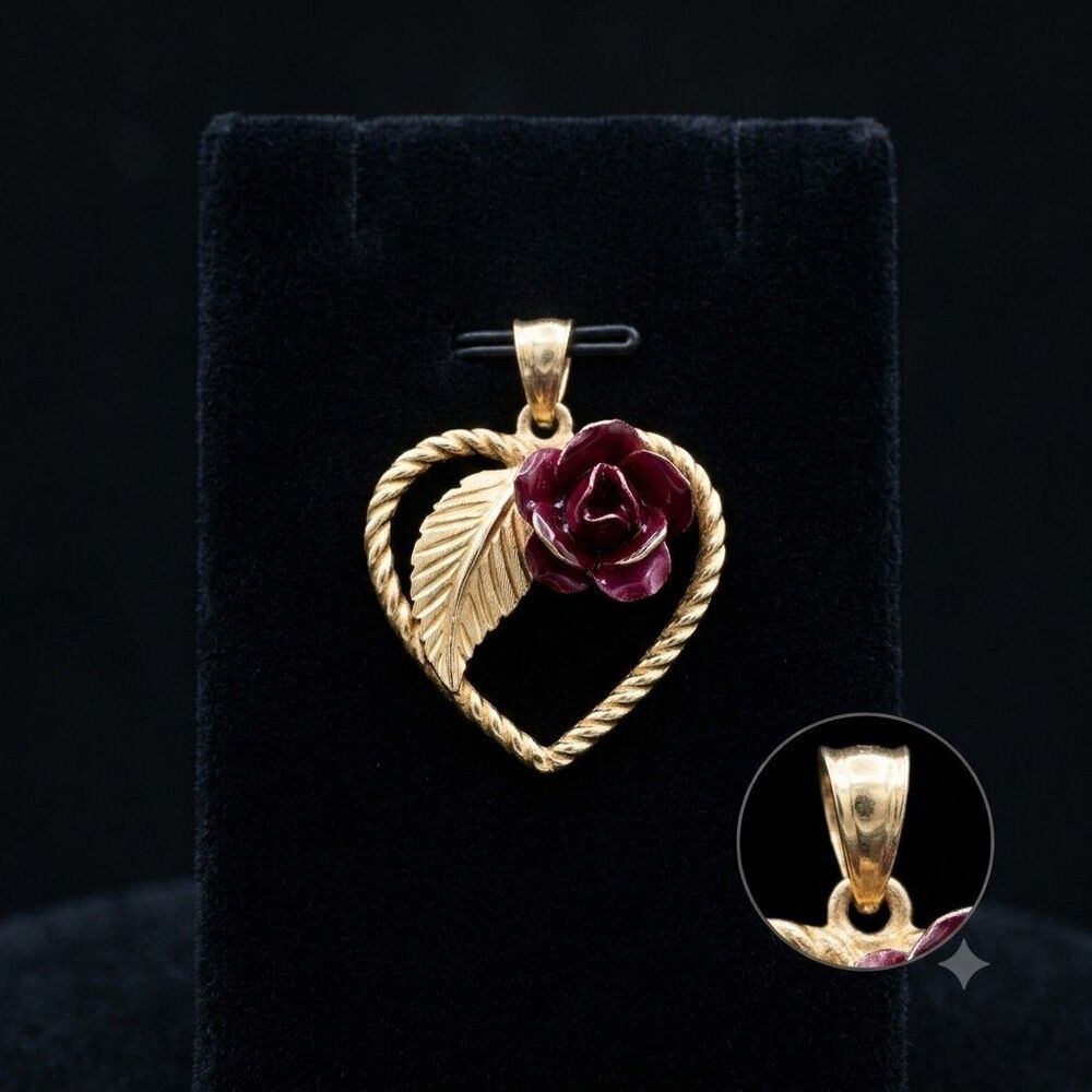 Vintage Gold Tone Open Heart Pendant Detailed Leaf Maroon Enamel Rose